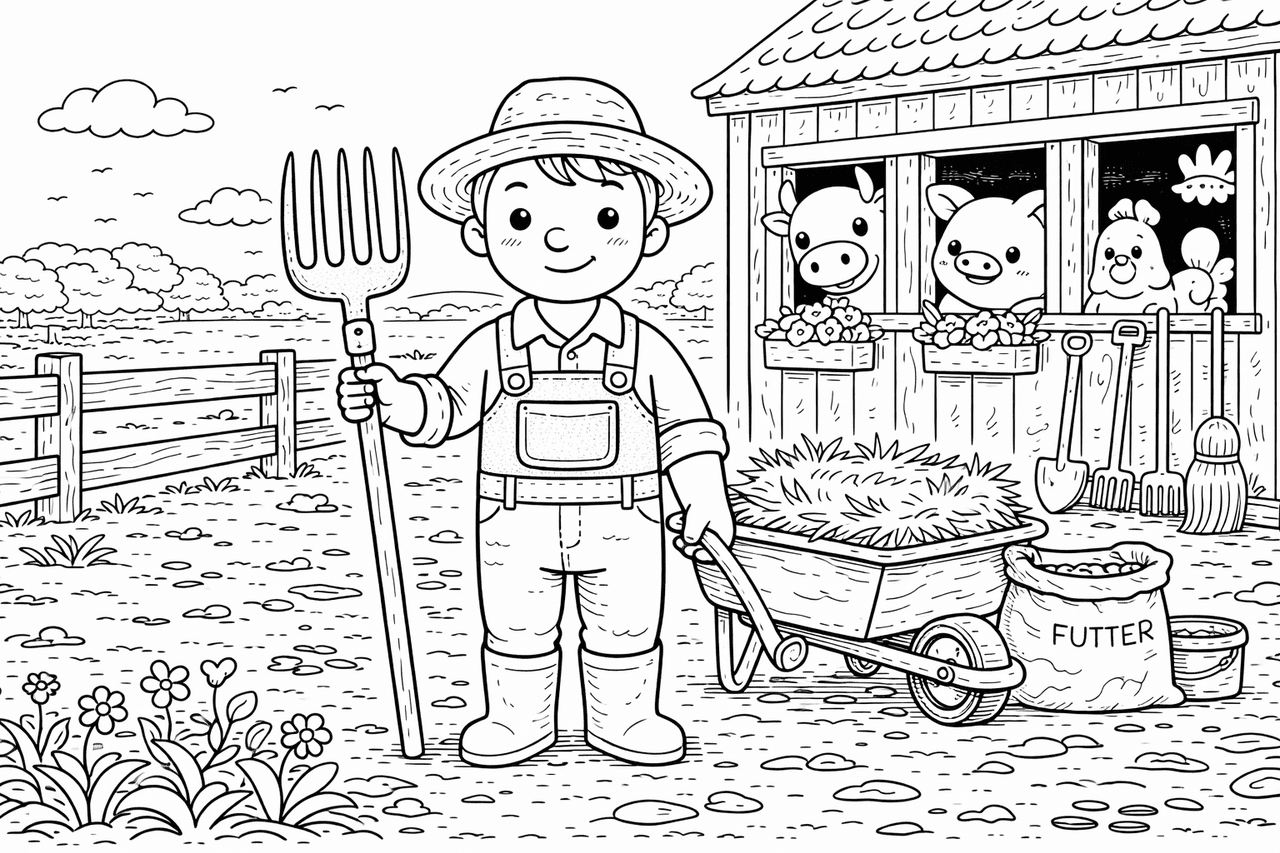 Kawaii Bauer mit Tieren - Ausmalbild