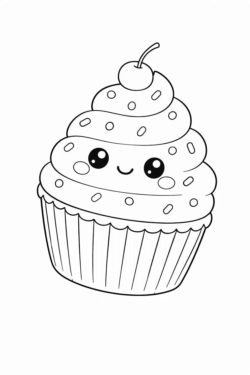 Kawaii Cupcake mit Kirschmütze - Ausmalbild