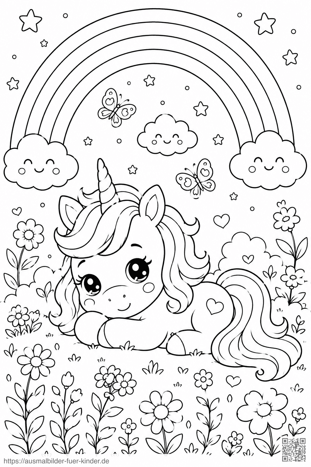Kawaii Einhorn im Blumenwiese - Ausmalbild