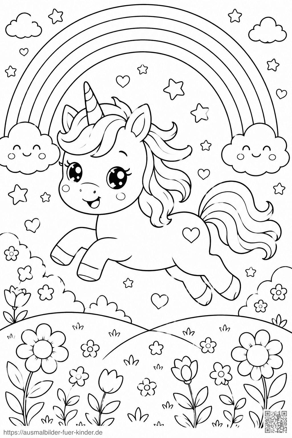 Kawaii Einhorn im Regenbogenland - Ausmalbild