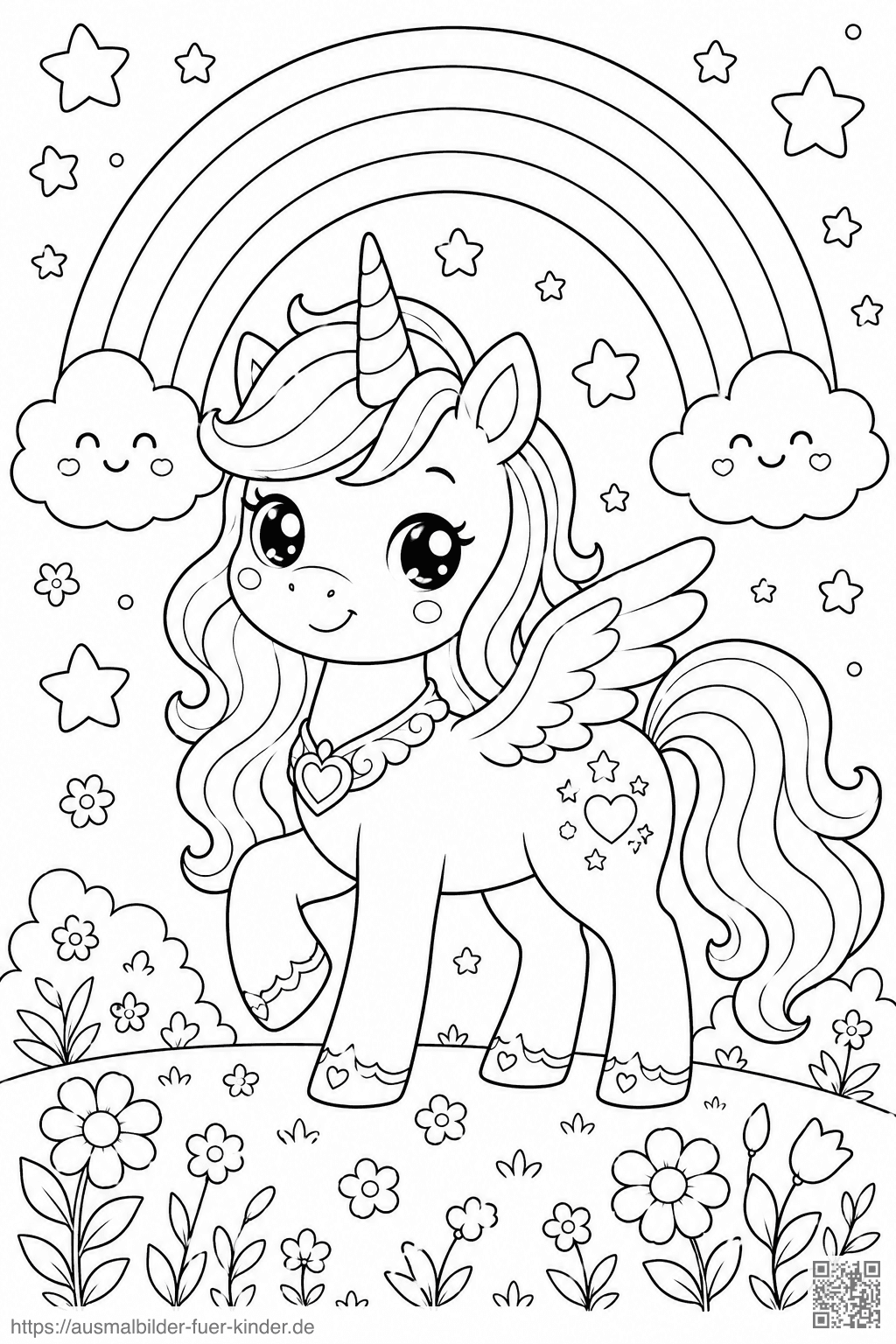 Kawaii Einhorn im Regenbogenland2 - Ausmalbild