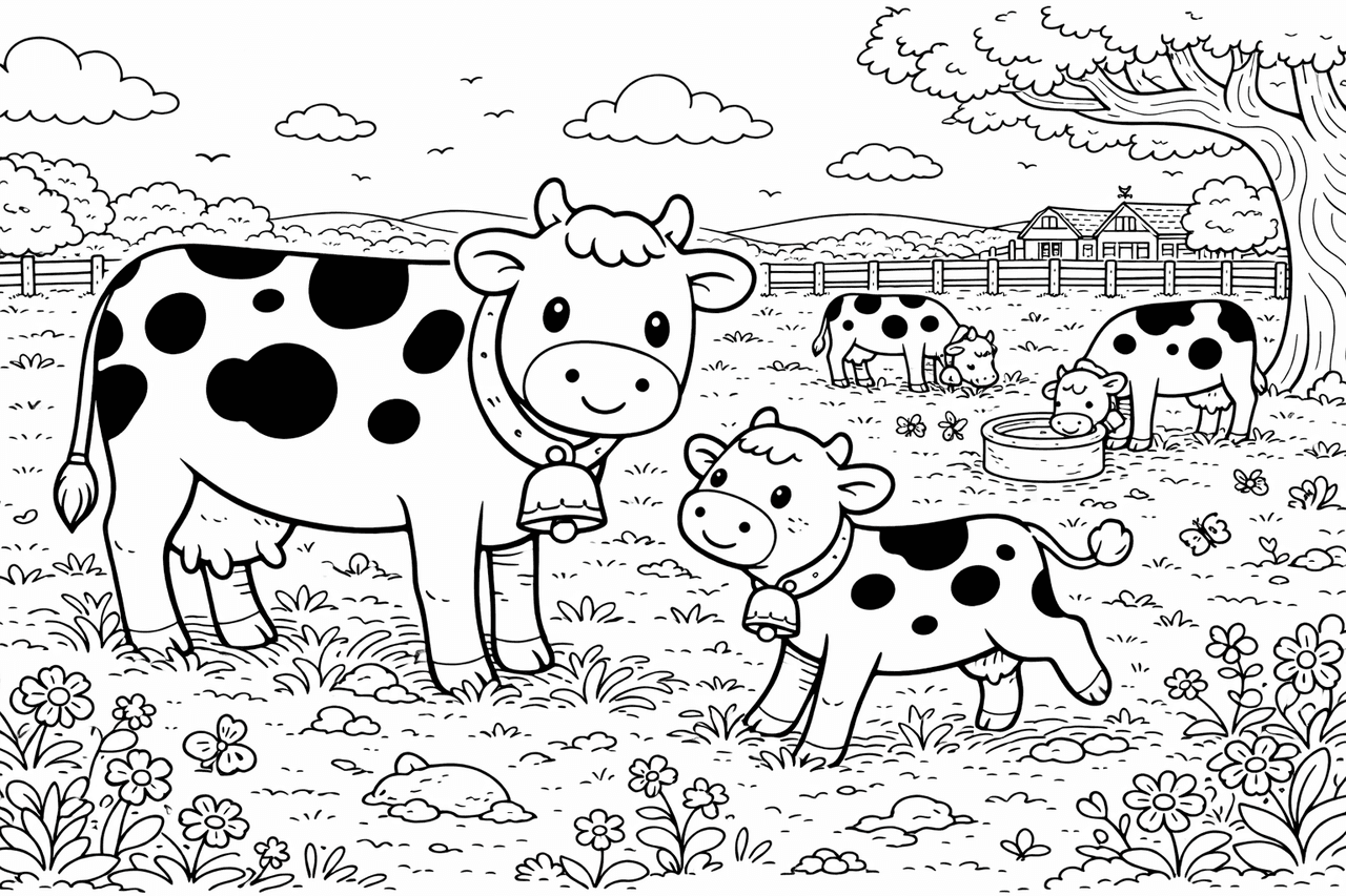 Kawaii Kuhfamilie - Ausmalbild