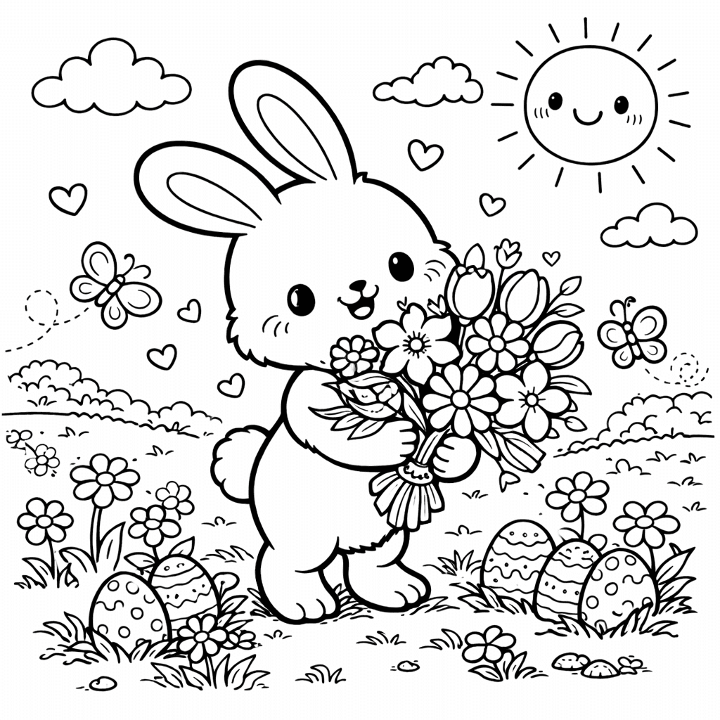 Kawaii Osterhase mit Blumenstrauß - Ausmalbild