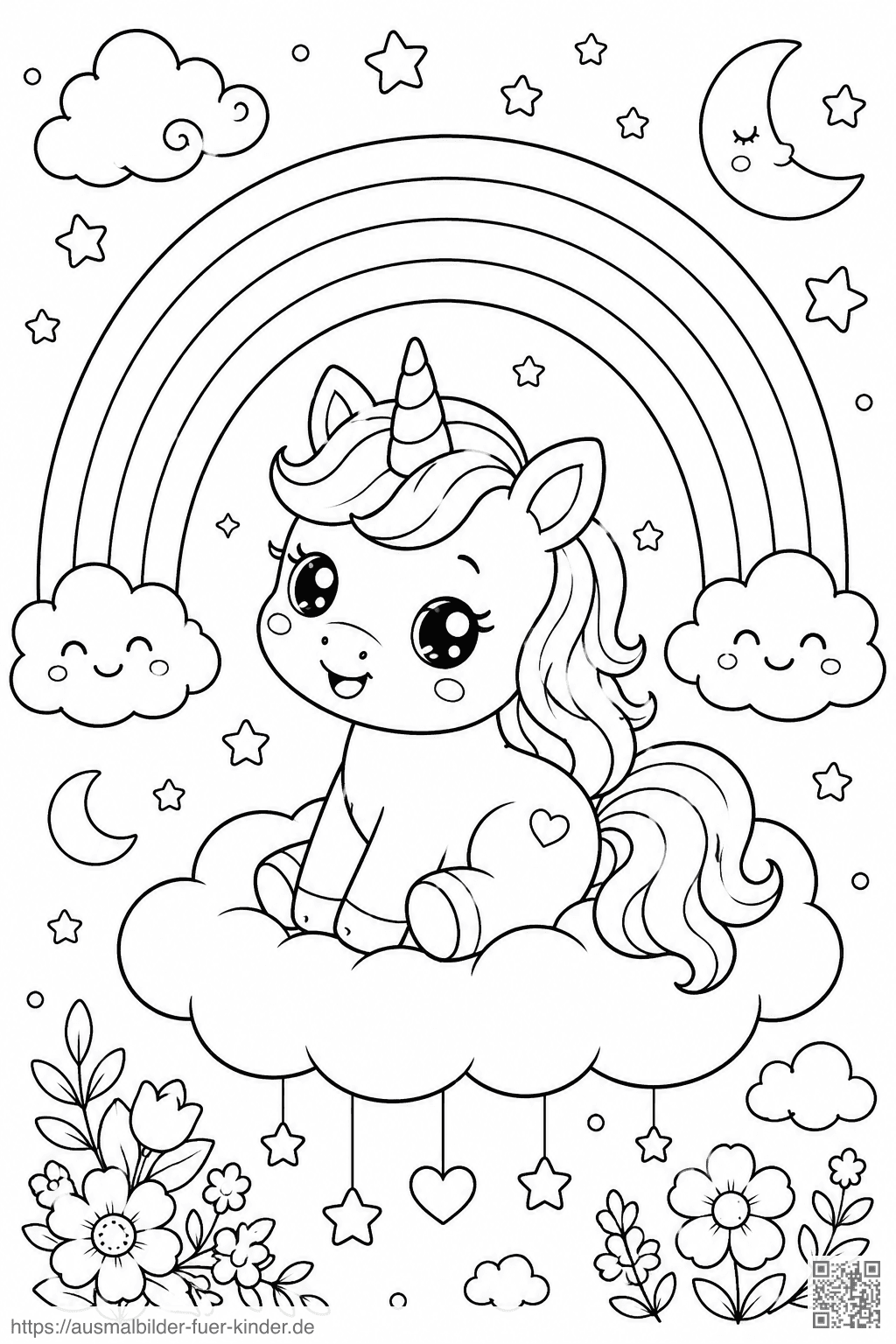 Kawaii-Einhorn im Wolkenparadies - Ausmalbild