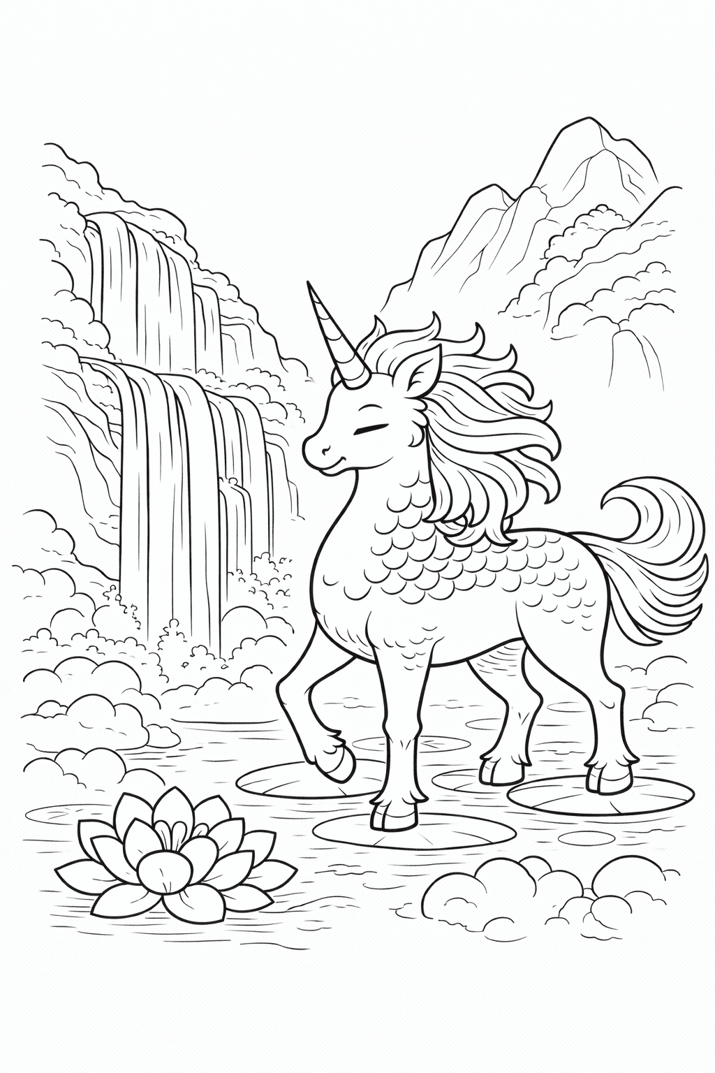 Kirin Vor Wasserfall Im Nebel - Ausmalbild