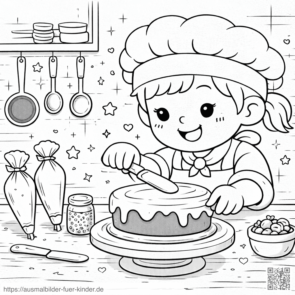Junge Köchin dekoriert einen Kuchen - Ausmalbild