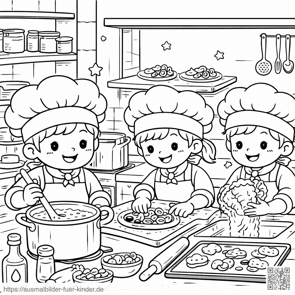 Kinder beim Kochen in der Küche - Ausmalbild