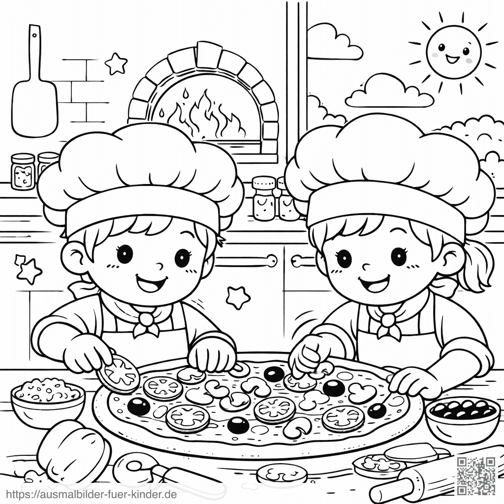 Kinder beim Pizzabacken in der Küche - Ausmalbild