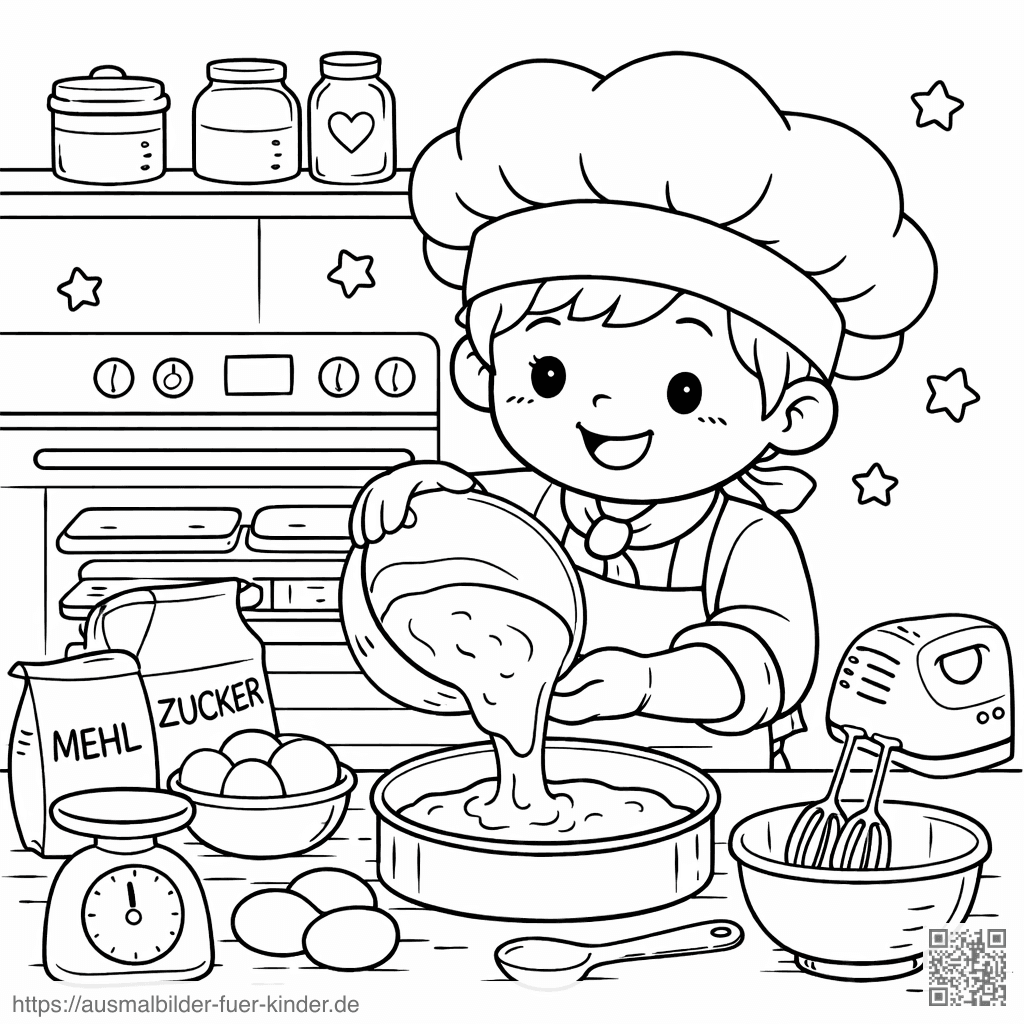 Kleiner Koch beim Kuchenbacken - Ausmalbild