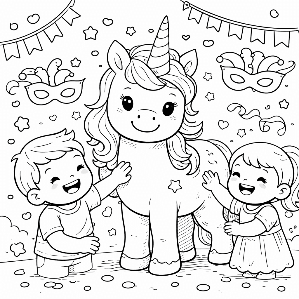 Einhorn und Kinder im Festumfeld - Ausmalbild