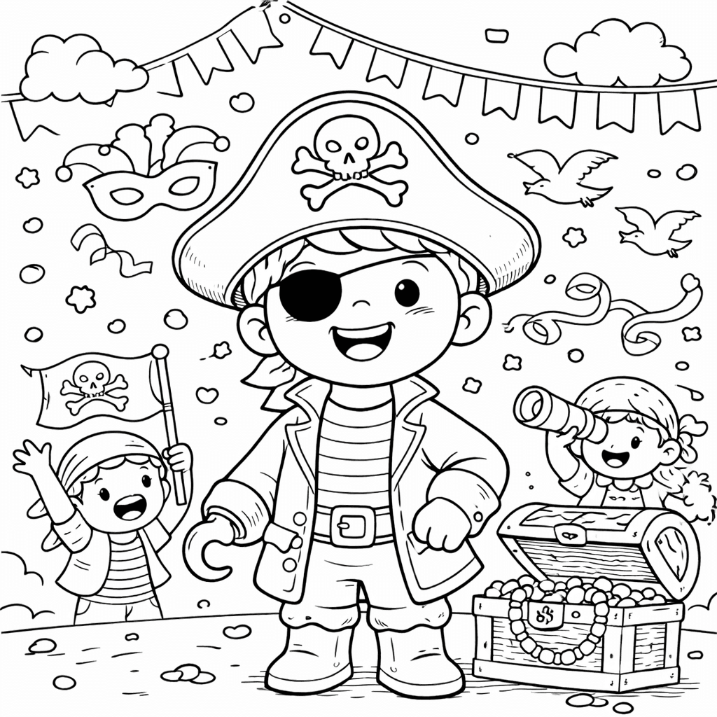 Fröhliche Piraten auf Schatzsuche - Ausmalbild