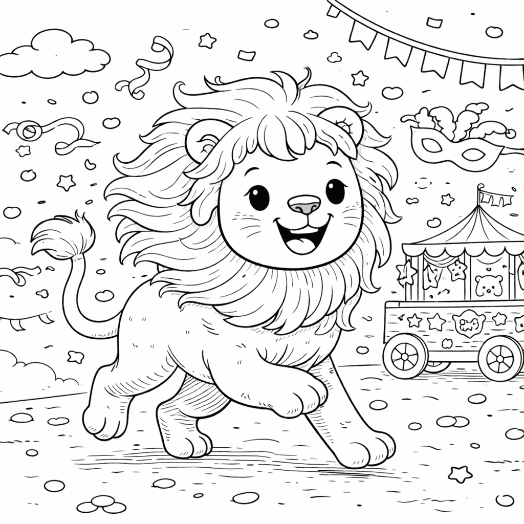 Löwe beim Karnevalsspaziergang - Ausmalbild