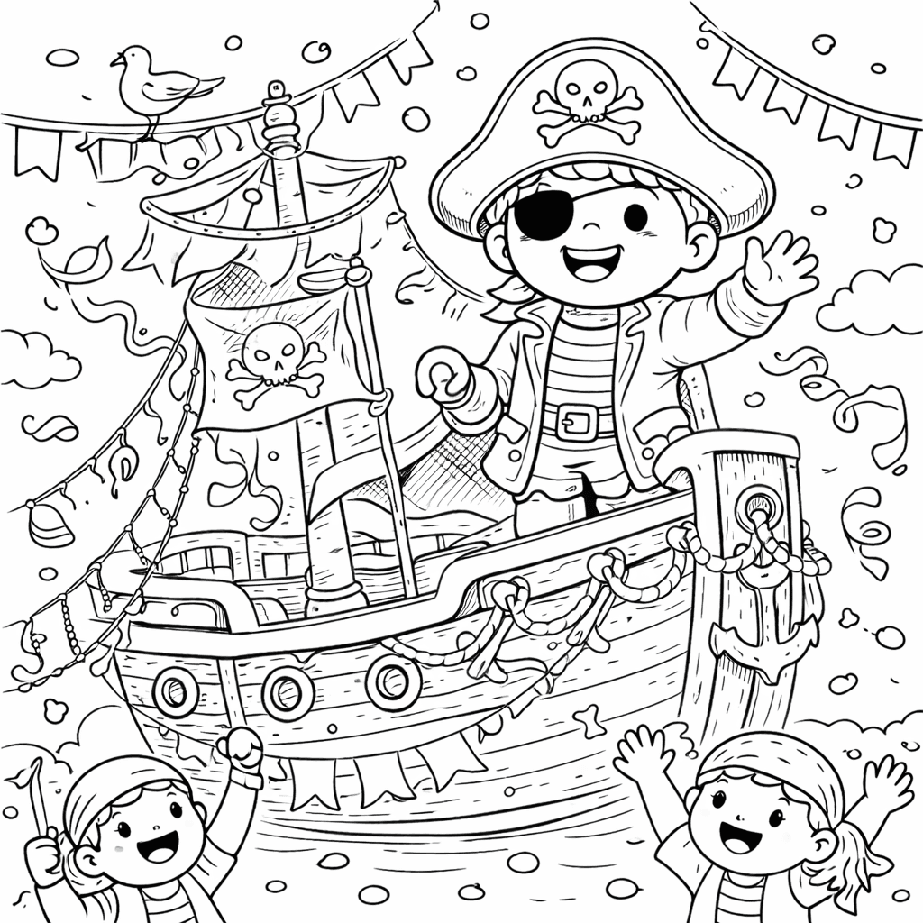 Piratenfest auf dem Karnevalsschiff - Ausmalbild