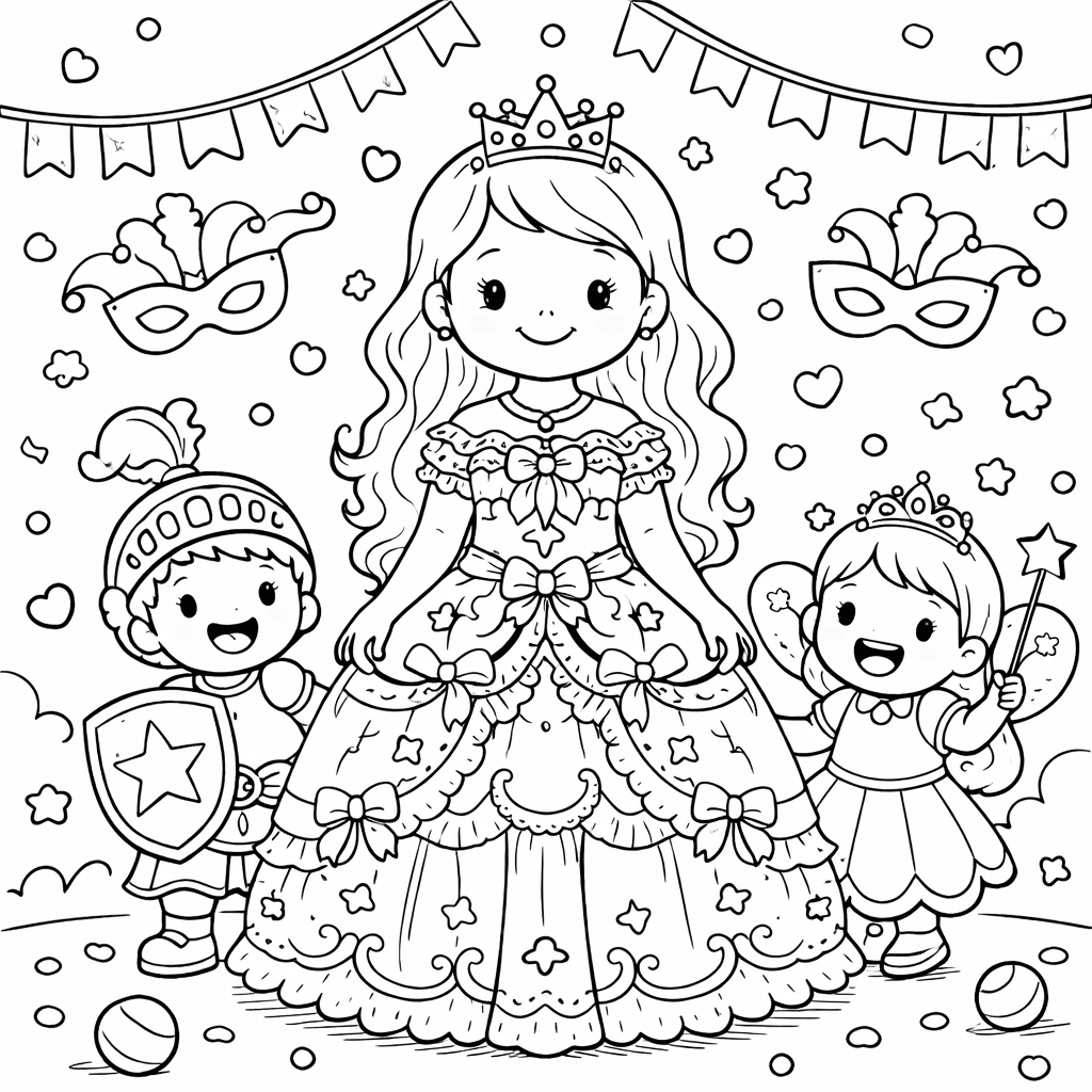 Prinzessin mit verkleideten Kindern - Ausmalbild