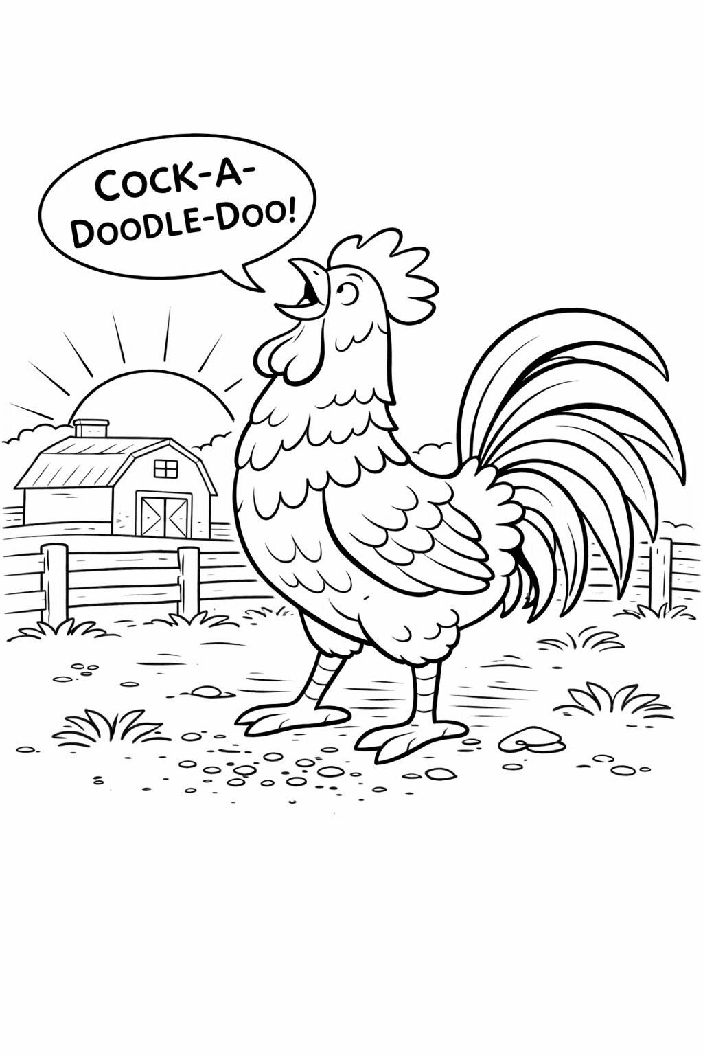 Hahn kräht im Morgenlicht - Ausmalbild