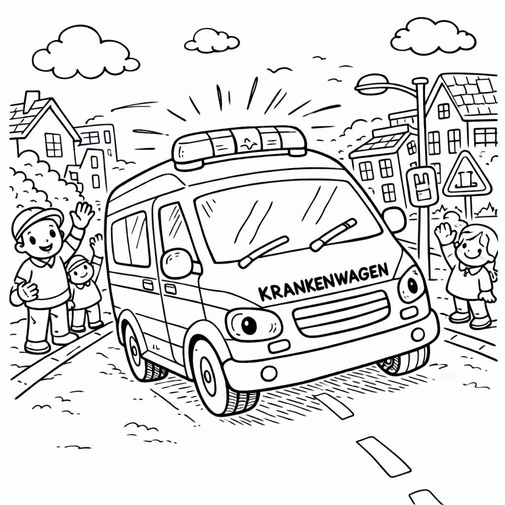 Krankenwagen fährt durch die Stadt - Ausmalbild