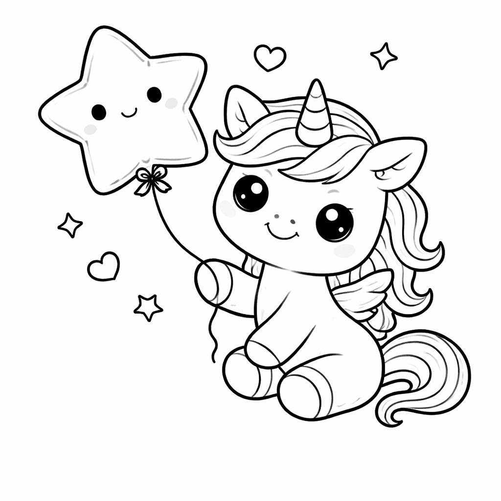 Kuschliges Einhorn Mit Sternenballon - Ausmalbild