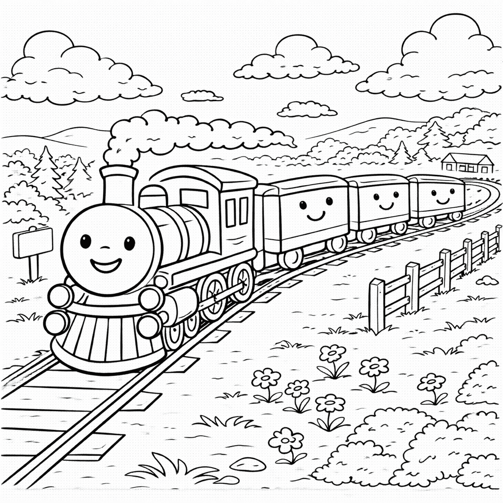 Lächelnder Zug auf grüner Wiese - Ausmalbild