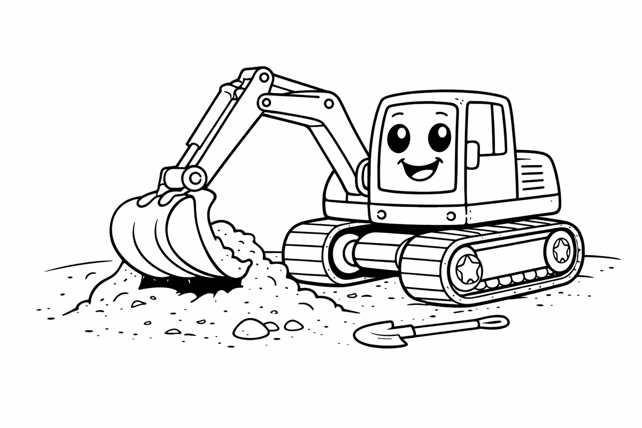 Lächelndes Baggerchen beim Graben - Ausmalbild
