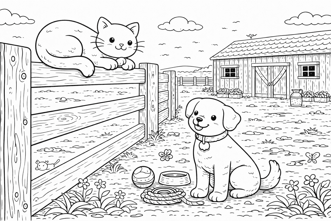 Ländliche Szene mit Katze und Hund - Ausmalbild