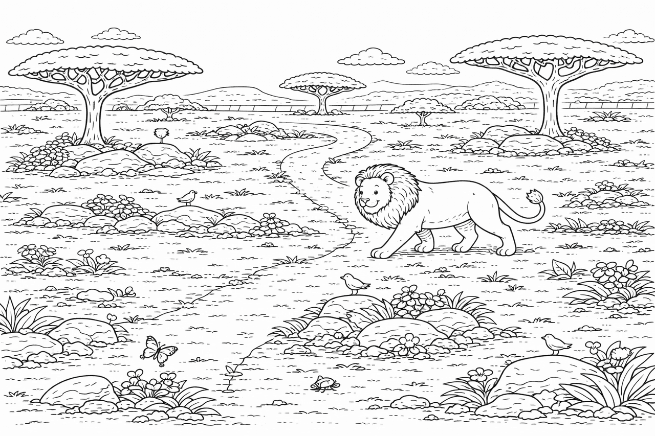 Löwe auf dem savannischen Pfad - Ausmalbild