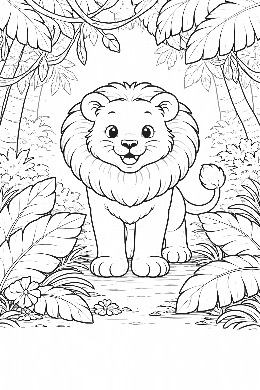 Löwe im Dschungel voller Leben - Ausmalbild