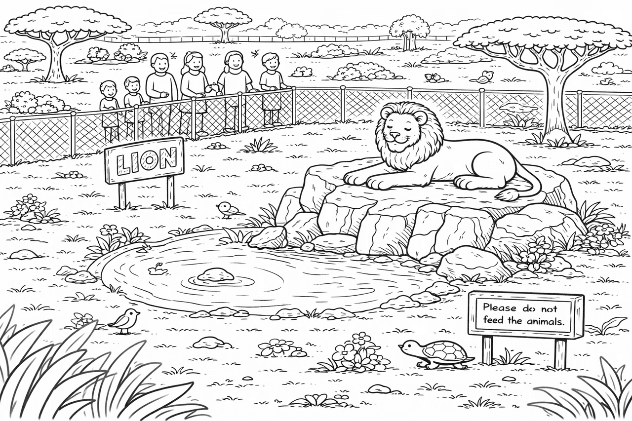 Löwe im Zoo bei Sonnenschein - Ausmalbild