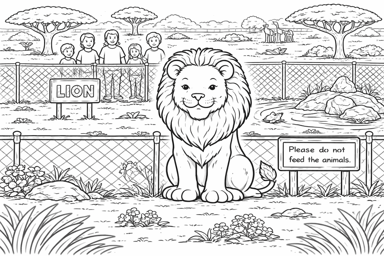 Löwe im Zoo mit Besuchern - Ausmalbild