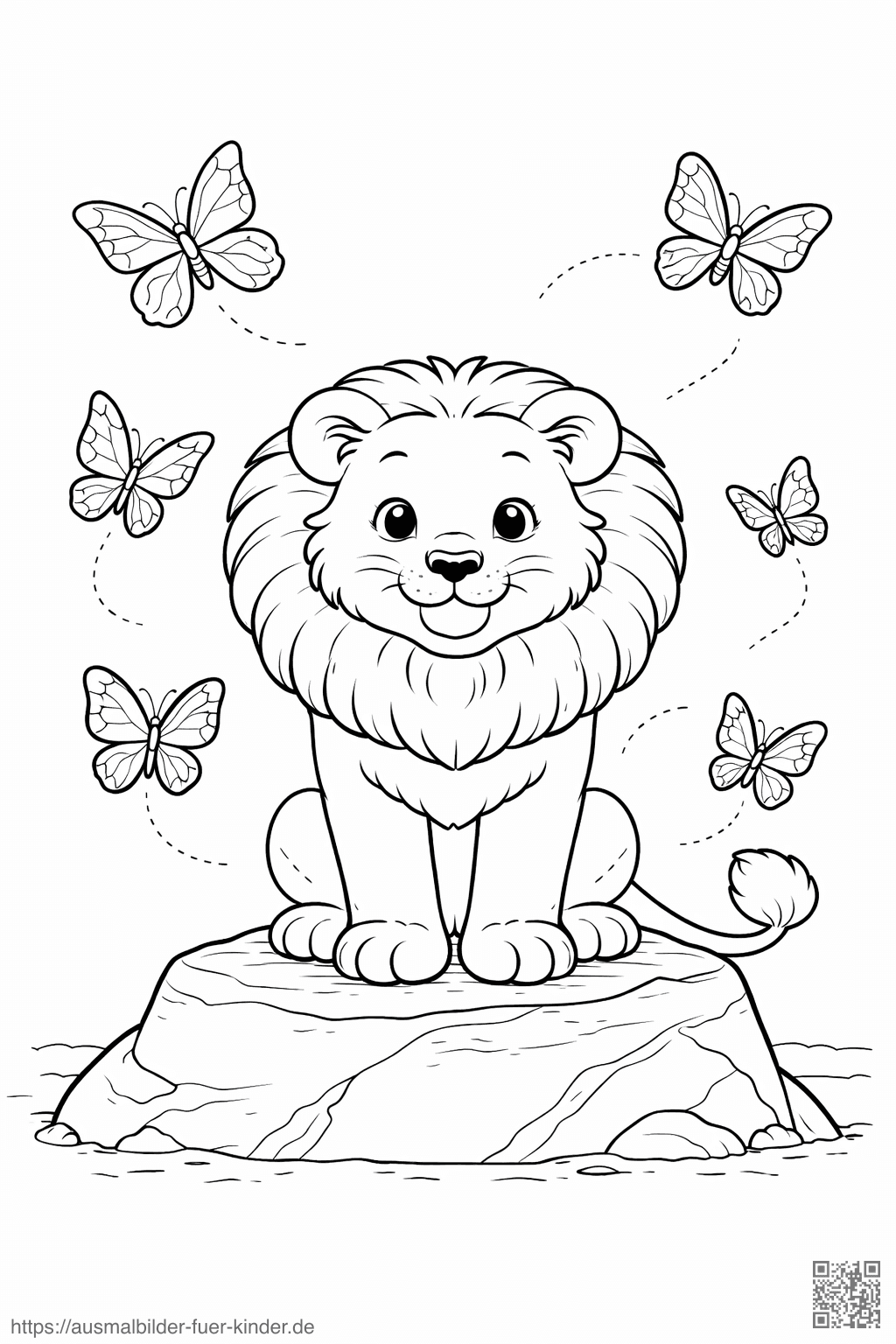 Löwe mit Schmetterlingen zum Ausmalen - Ausmalbild