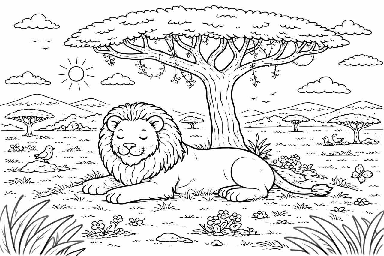 Löwe ruht unter Akazie in Savanne - Ausmalbild