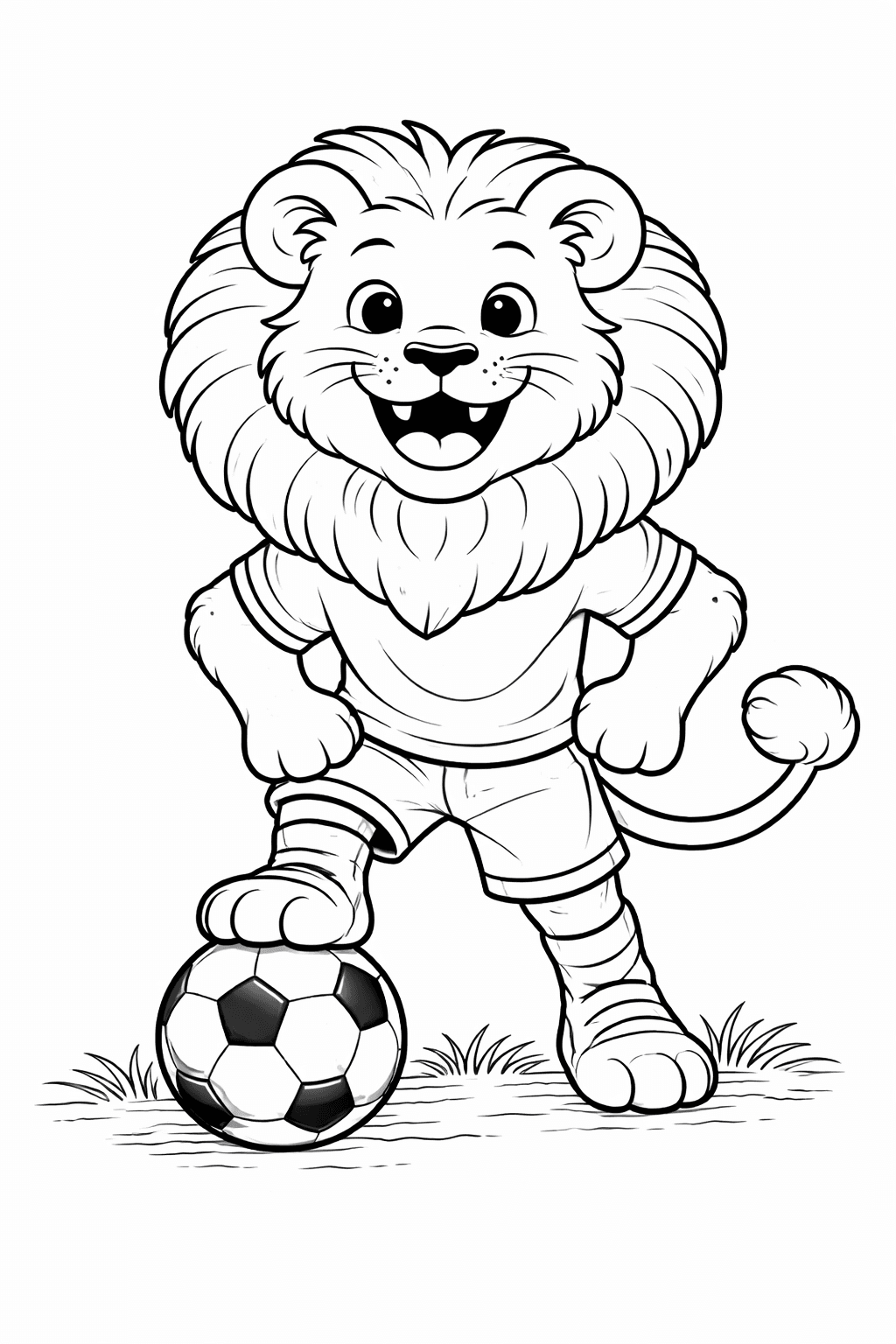 Löwe spielt Fußball im Cartoon-Stil - Ausmalbild