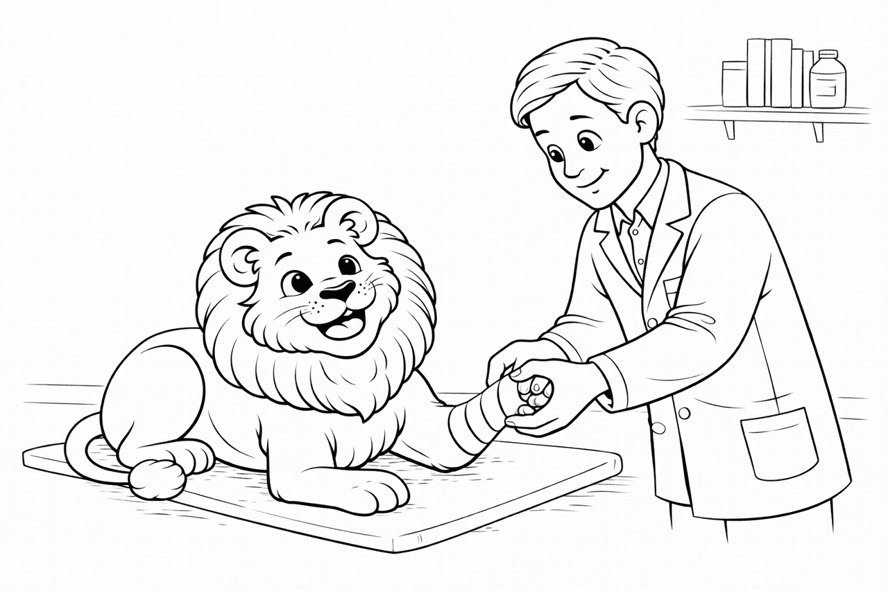 Löwe wird von Tierarzt versorgt - Ausmalbild