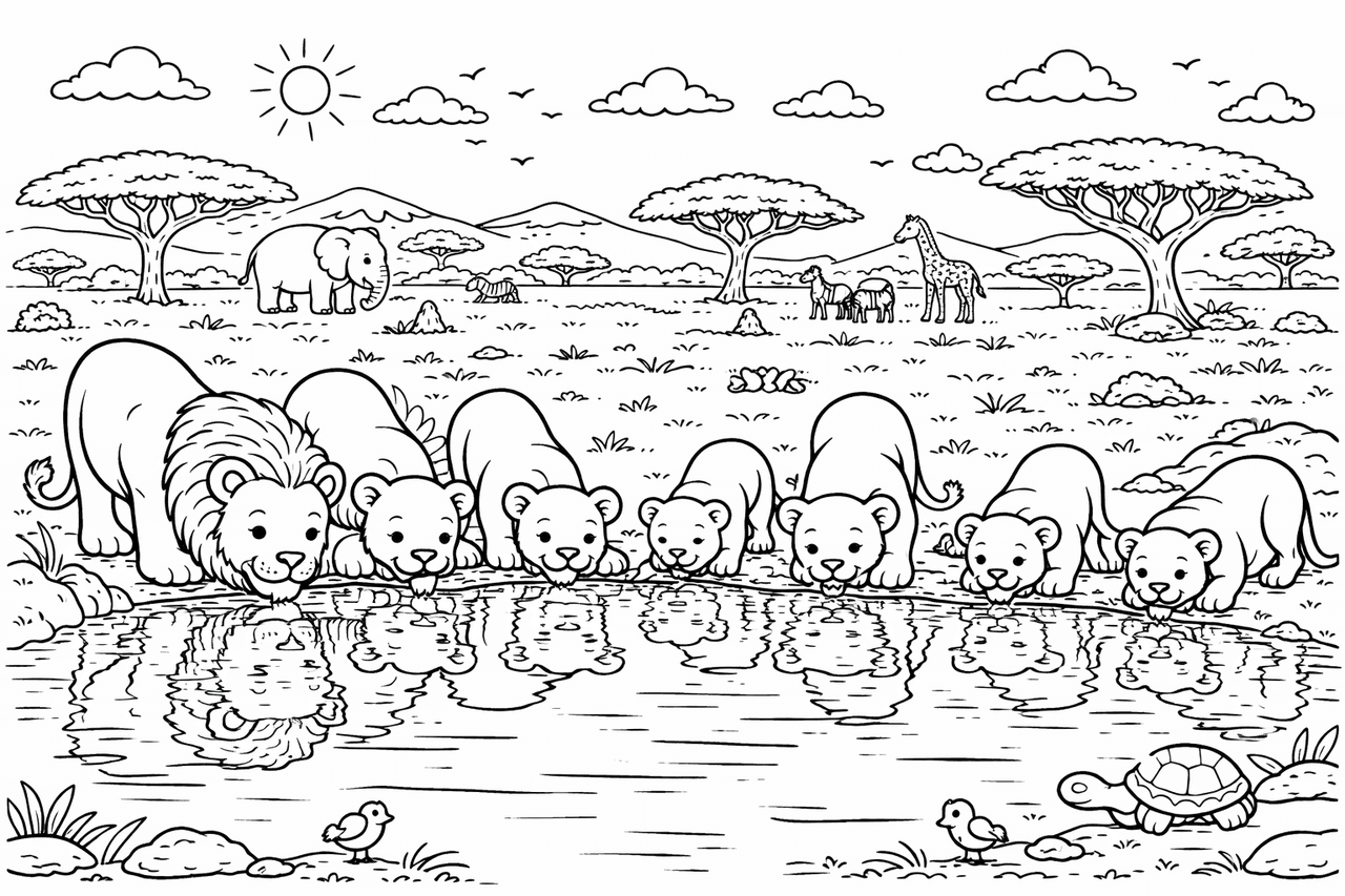 Löwenfamilie am Wasserloch - Ausmalbild