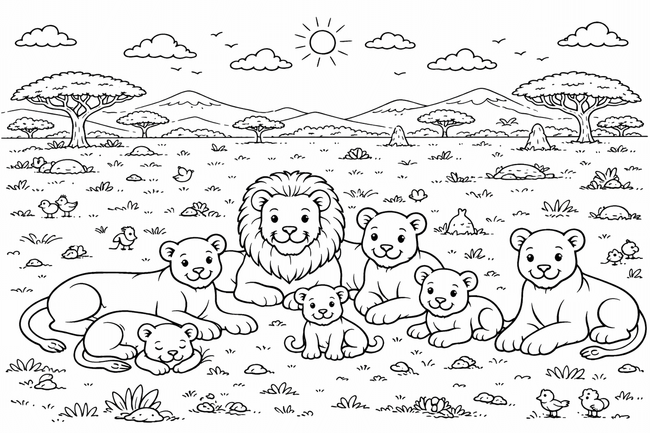Löwenfamilie in der Savanne - Ausmalbild