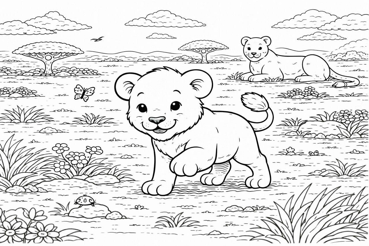 Löwenjunges auf der Savanne - Ausmalbild