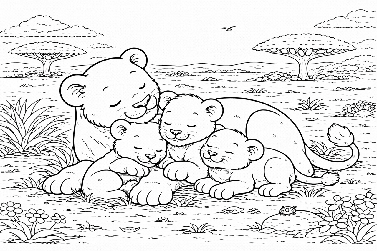 Löwin mit ihren drei Jungen - Ausmalbild