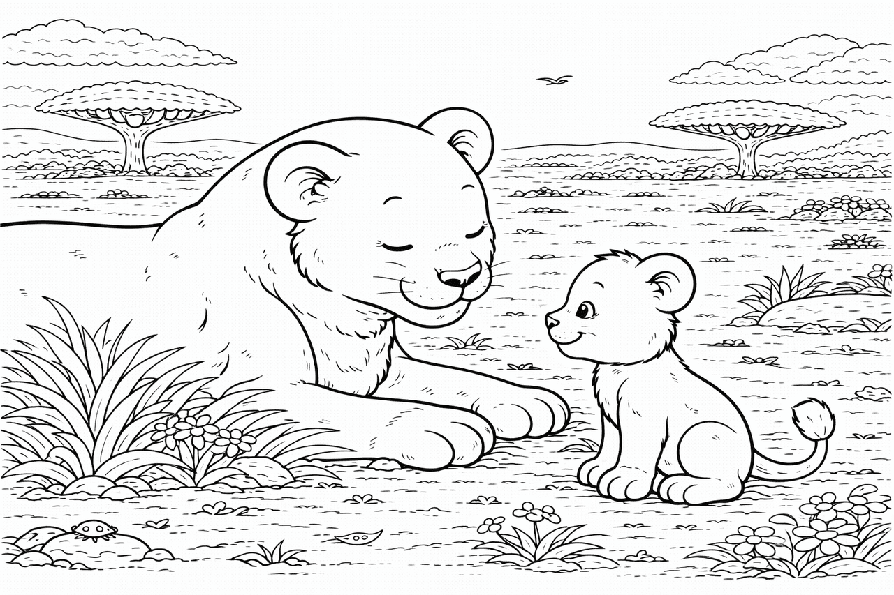 Löwin und ihr Junges in der Savanne - Ausmalbild