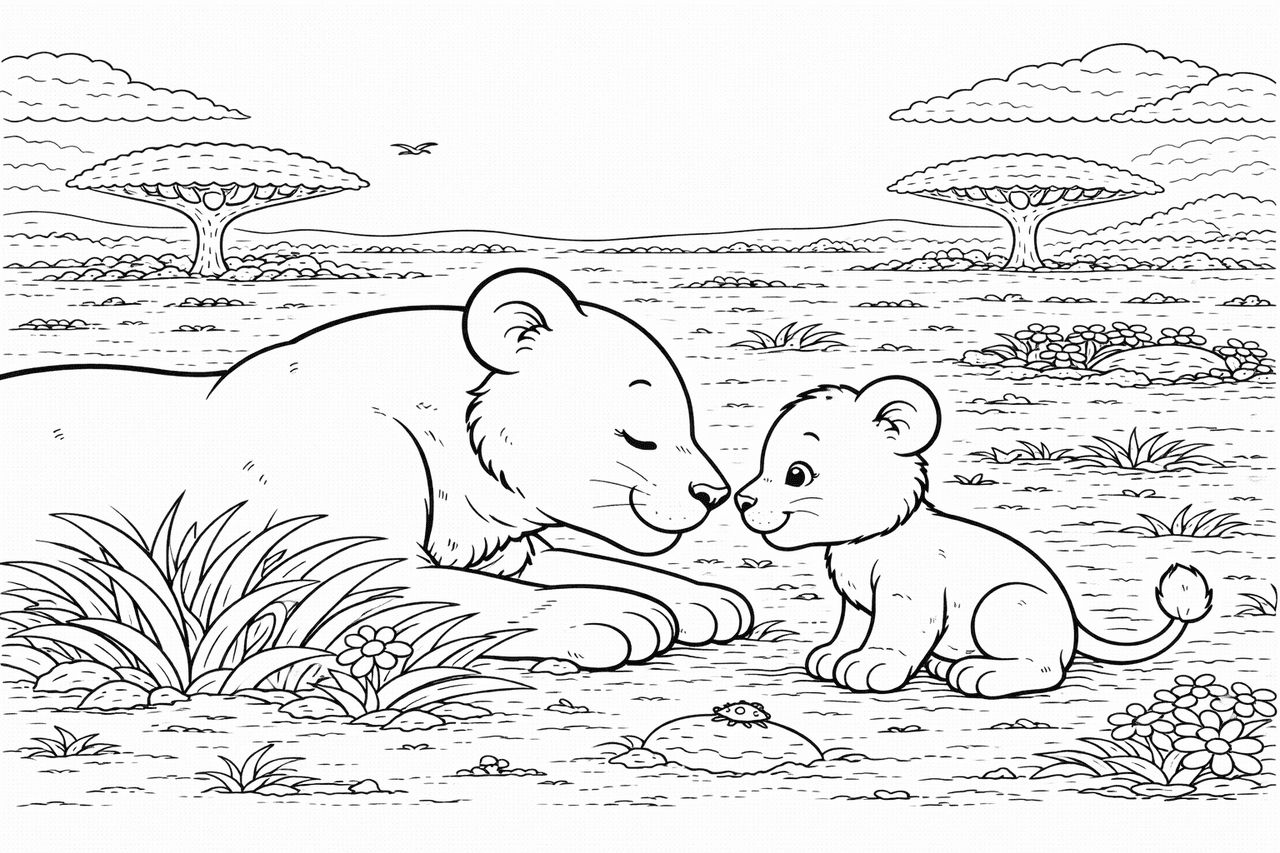 Löwin und ihr Kitz im Gras - Ausmalbild