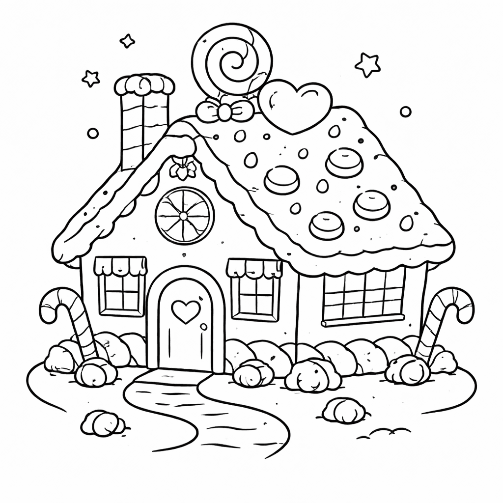Lebkuchenhaus Mit SüßIgkeitenverzierung - Ausmalbild