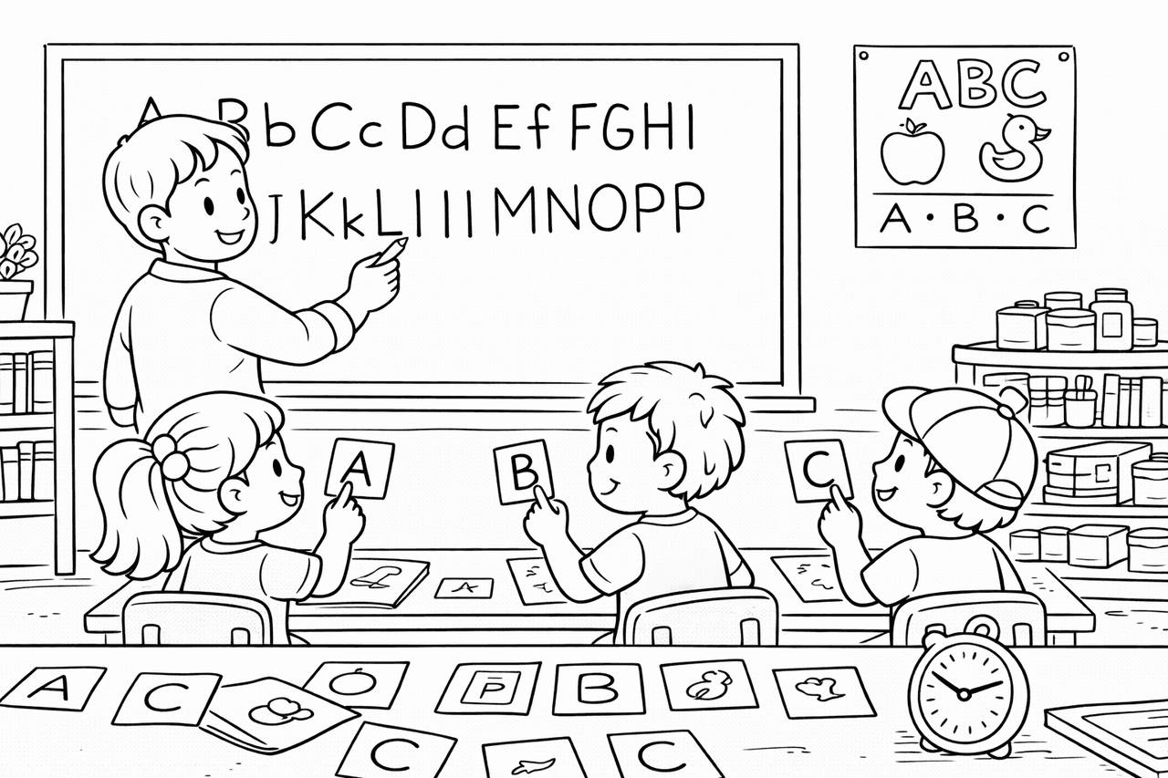 Alphabet-Lernen im Klassenzimmer - Ausmalbild