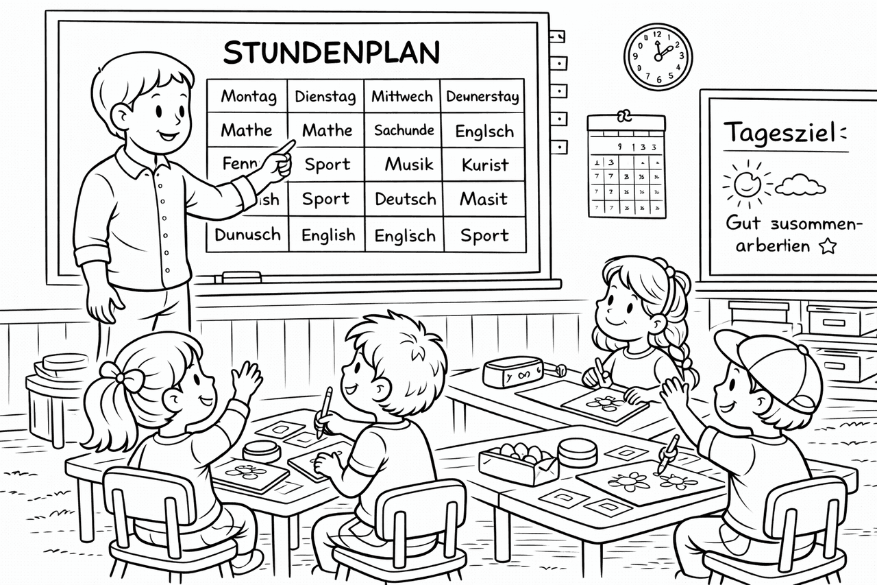 Der Unterrichtsraum und der Stundenplan - Ausmalbild