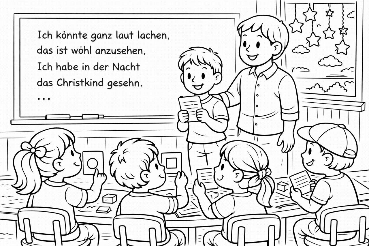 Ein Junge liest ein Gedicht vor - Ausmalbild