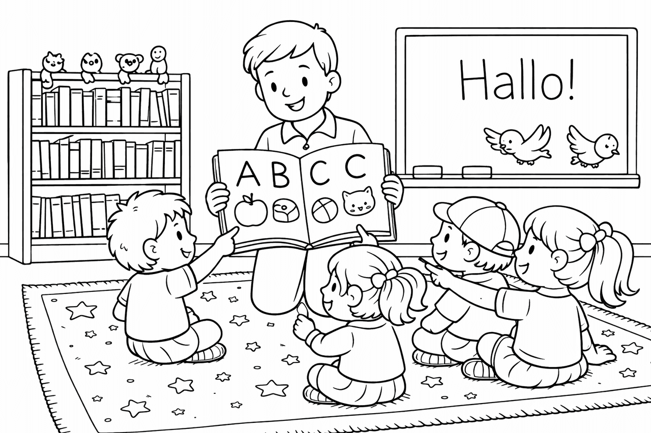 Fröhlicher Unterricht mit ABC-Lernen - Ausmalbild