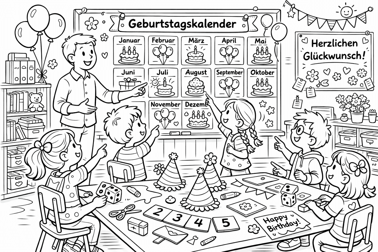 Geburtstagsfeier im Klassenzimmer - Ausmalbild