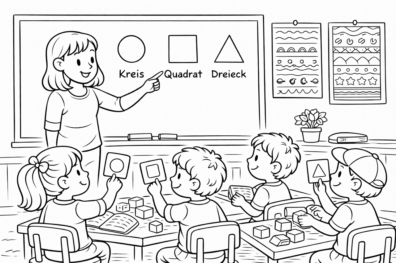 Geometrische Formen im Klassenzimmer - Ausmalbild