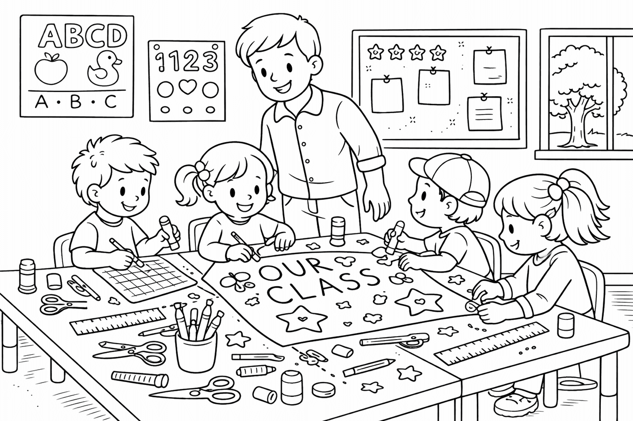 Kinder im Klassenzimmer arbeiten gemeinsam - Ausmalbild