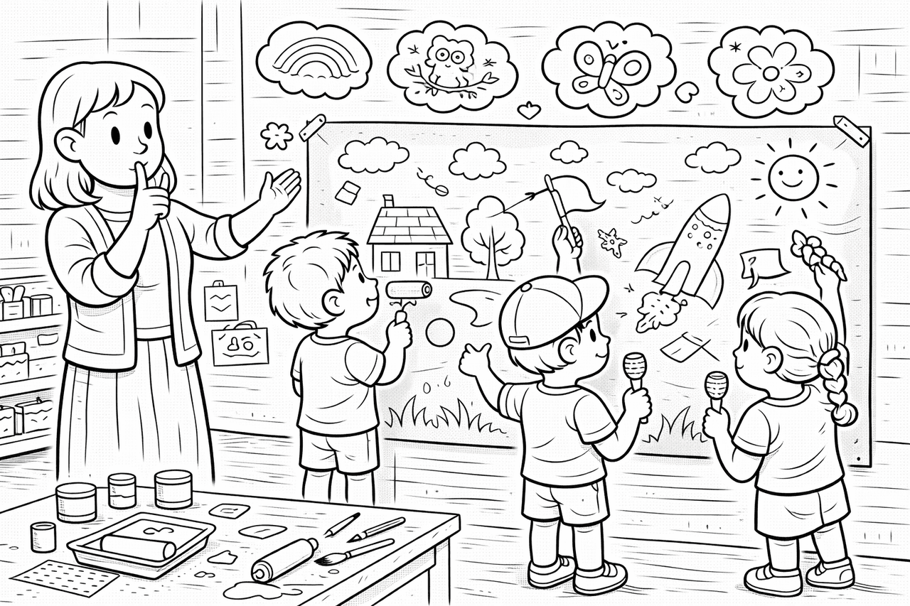 Kinder malen ein Wandbild zusammen - Ausmalbild
