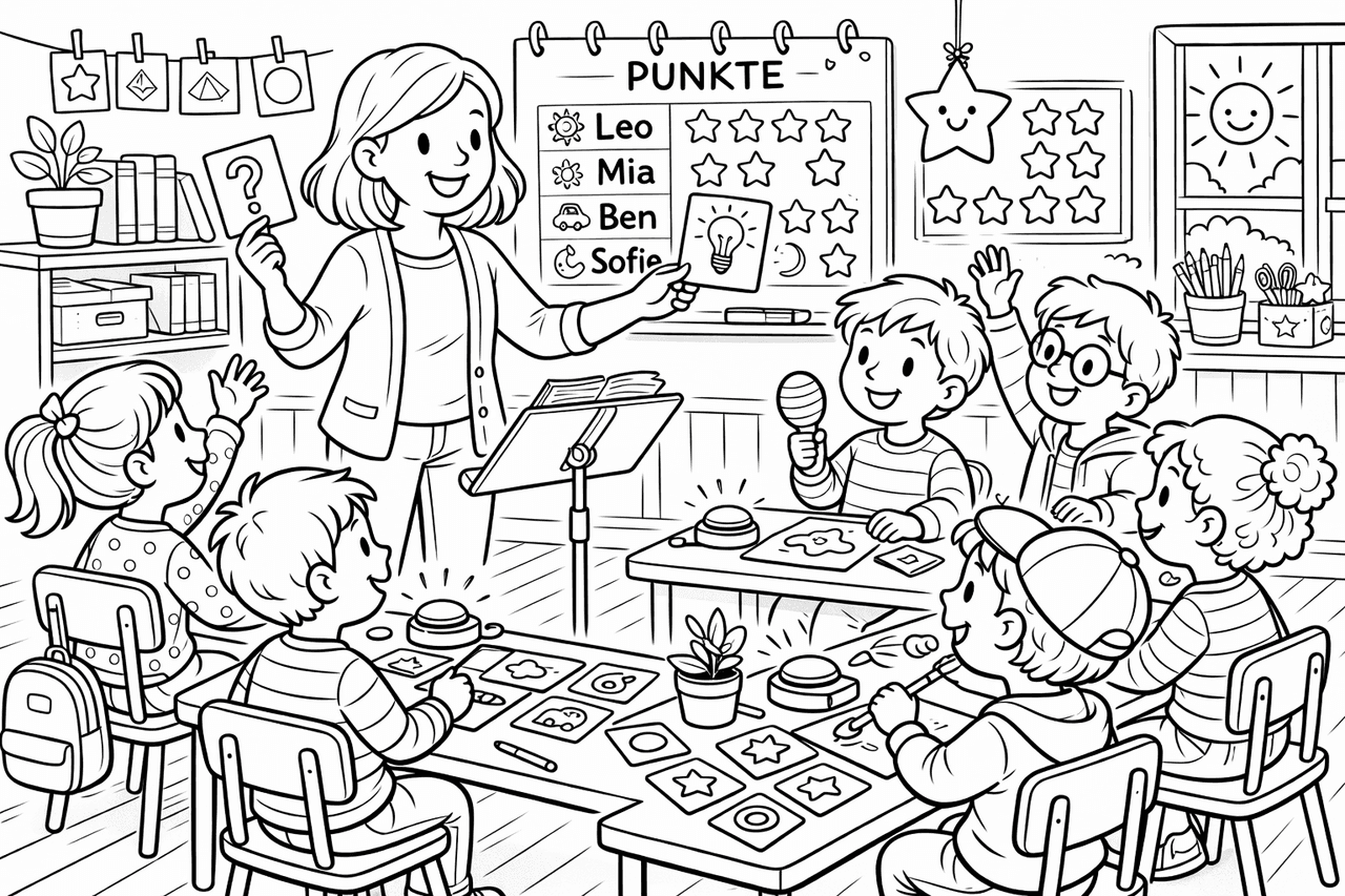 Klassenraum mit interaktivem Lernspiel - Ausmalbild