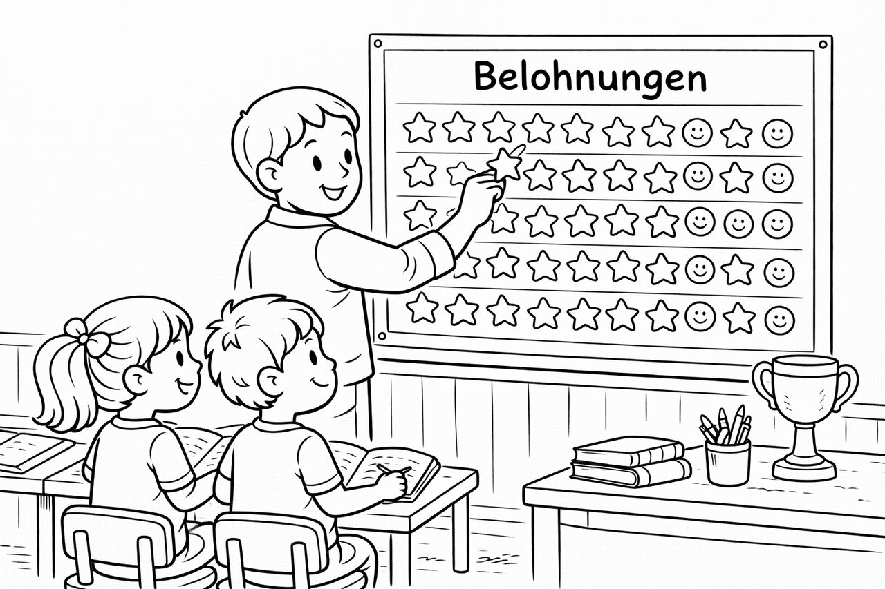 Lehrerin belohnt Schüler mit Stickern - Ausmalbild