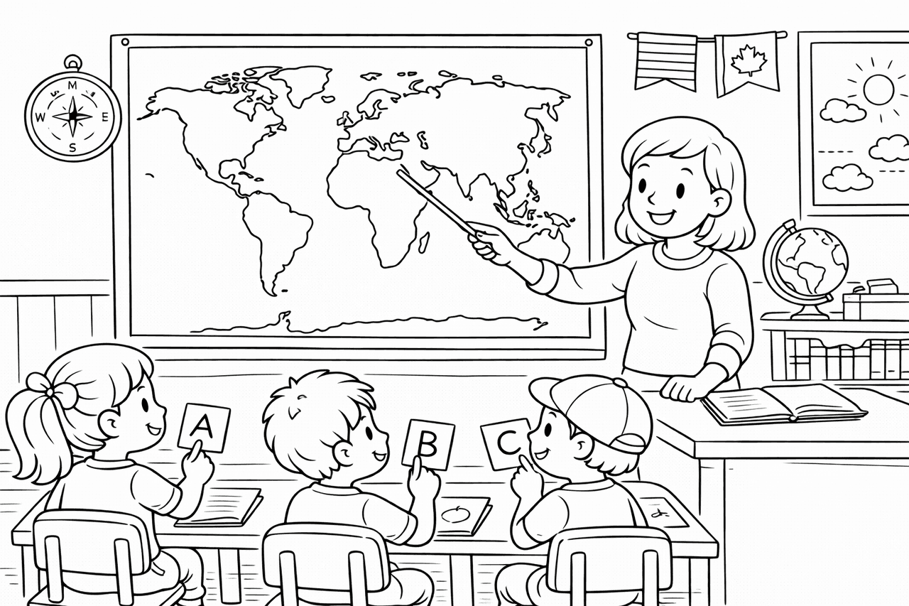 Lehrerin erklärt die Weltkarte - Ausmalbild